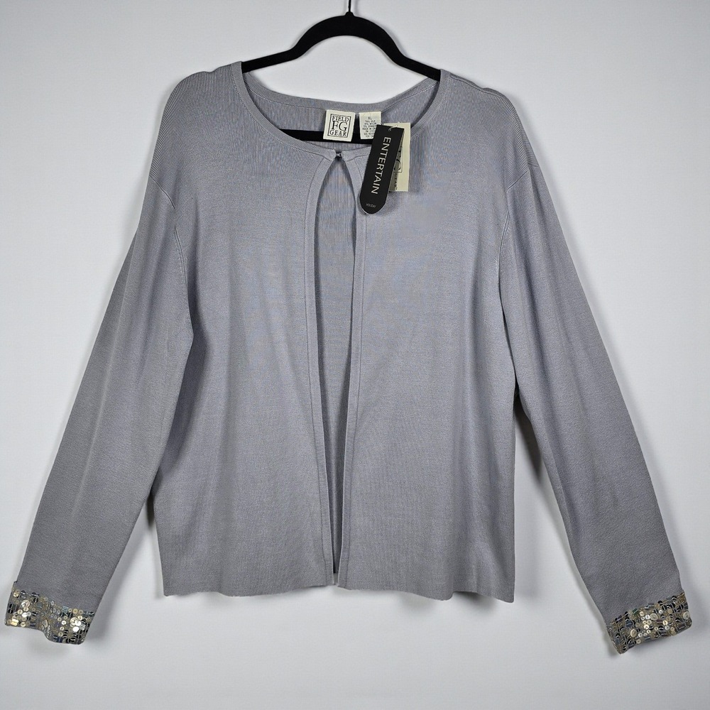 Field Gear Cardigan Woman XL Silk Blend Knit Gray Sequin Cuff Open‎ Front Dressy